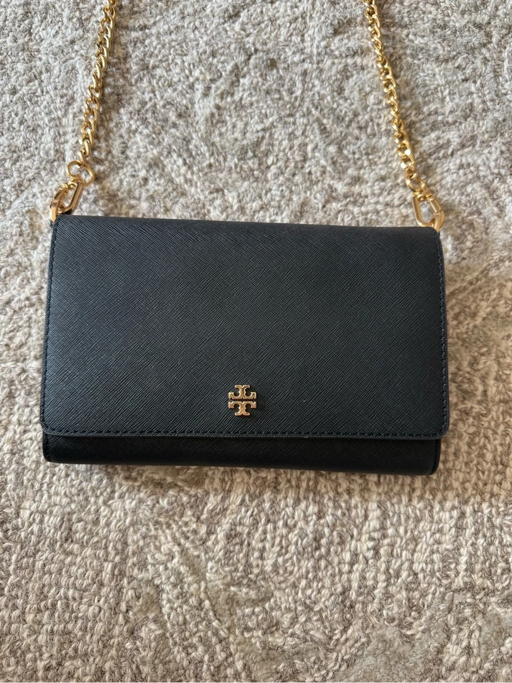 Tory Burch Emerson Chain Wallet Crossbody Black Saffiano Leather